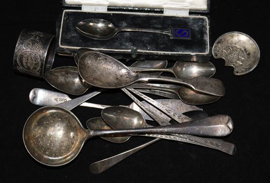 A set of six George III Newcastle teaspoons, eight items of silver flatware and two plated items.